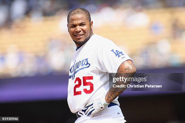 Andruw Jones of the Los Angeles Dodgers waits during the game against the Florida Marlins at Dodger Stadium on July 13, 2008 in Los Angeles,...