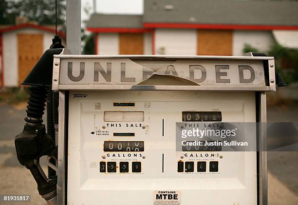 Vintage gasoline pump remains at an abandoned gas station July 10, 2008 in Oroville, California. As gasoline prices continue to climb to a national...