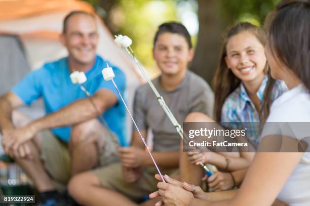 family roasting marshmallows - eating cajun food stock pictures, royalty-free photos & images