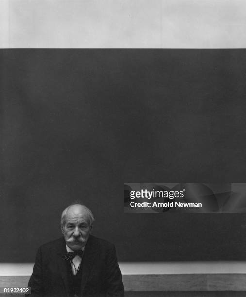 Portrait of American Abstract Expressionist painter Barnett Newman sitting in front of his paintings at the Metropolitan Museum of Art in New York...