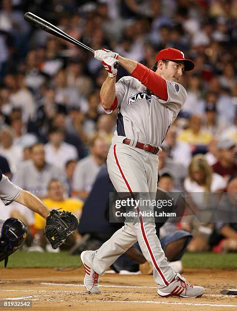 Chase Utley of the Philadelphia Phillies swings during the 2008 MLB All-Star State Farm Home Run Derby at Yankee Stadium on July 14, 2008 in the...