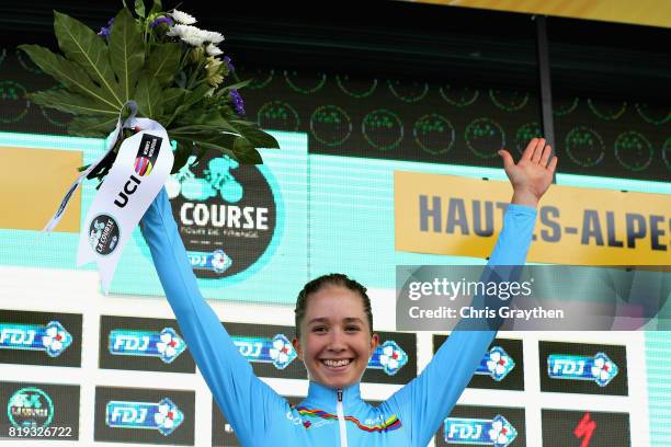 Cecilie Uttrup Ludwig of Denmark and Cervelo Bigla Pro Cycling Team is presented with the jersey for leading the UCI Women's WorldTour Youth ranking...