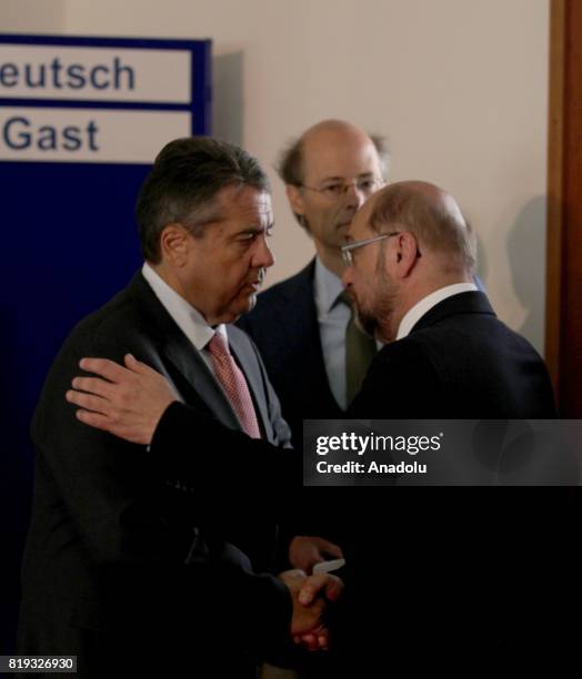 German Foreign Minister Sigmar Gabriel meets Chairman of the Social Democratic Party of Germany , Martin Schulz before addressing a press conference...