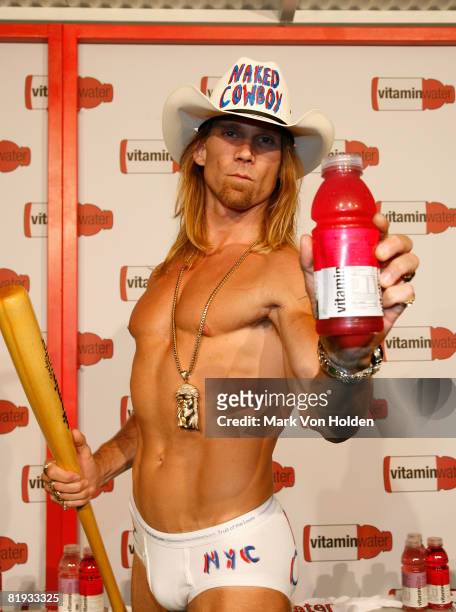 The Naked Cowboy attends Vitaminwater Celebrates in Style with The Best of Baseball and Music at Hudson Terrace on July 14, 2008 in New York City.