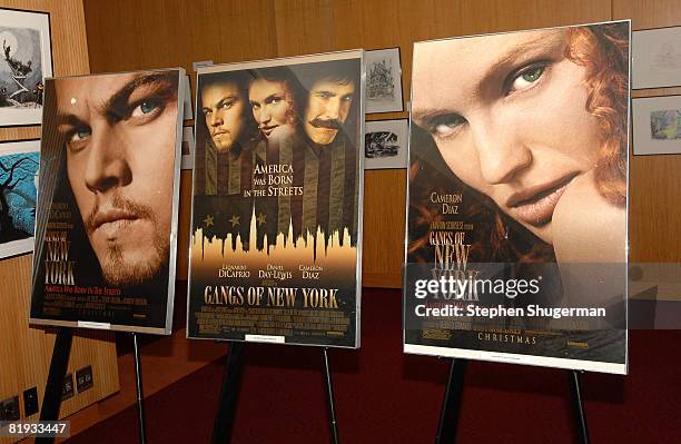Posters from the movie are seen at the Academy of Motion Picture Arts and Sciences "Great To Be Nominated" screening of "Gangs of New York" at the...