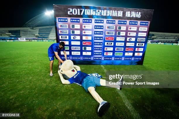 Schalke 04 Mascot Erwin takes a rest on the grass after Schalke winning against Besiktas 3 -2 during the Friendly Football Matches Summer 2017...