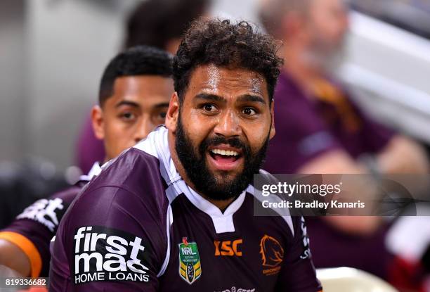 Sam Thaiday of the Broncos watches on from the sidelines after being replaced during the round 20 NRL match between the Brisbane Broncos and the...