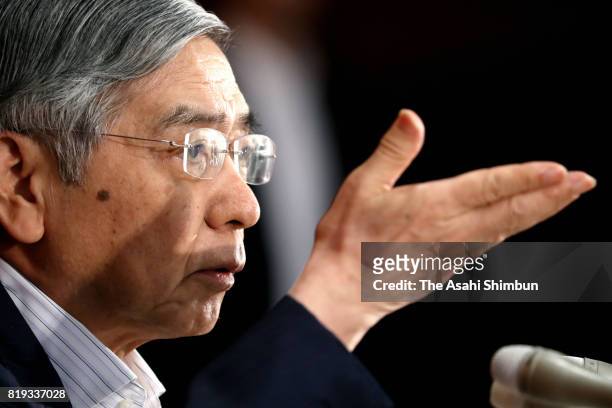 Bank of Japan Governor Hiaruhiko Kuroda speaks during a press conference after the policy meeting at the BOJ headquarters on July 20, 2017 in Tokyo,...