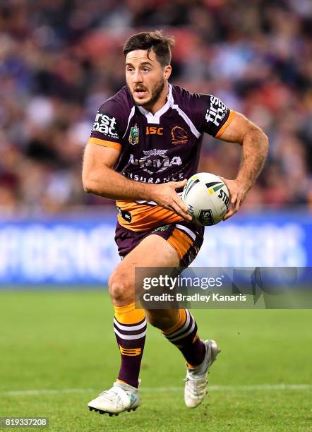 Ben Hunt of the Broncos runs with the ball during the round 20 NRL match between the Brisbane Broncos and the Canterbury Bulldogs at Suncorp Stadium...