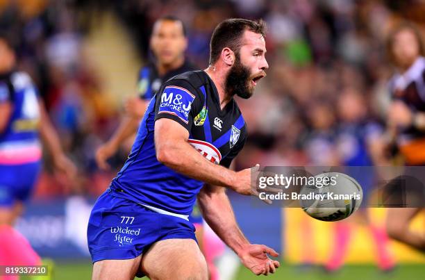 Matt Frawley of the Bulldogs passes the ball during the round 20 NRL match between the Brisbane Broncos and the Canterbury Bulldogs at Suncorp...