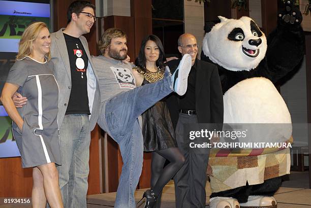 Actor Jack Black poses with producer Melissa Cobb , film director Mark Osborne , US actress Lucy Liu , US film studio Dream Works SKG CEO Jeffrey...