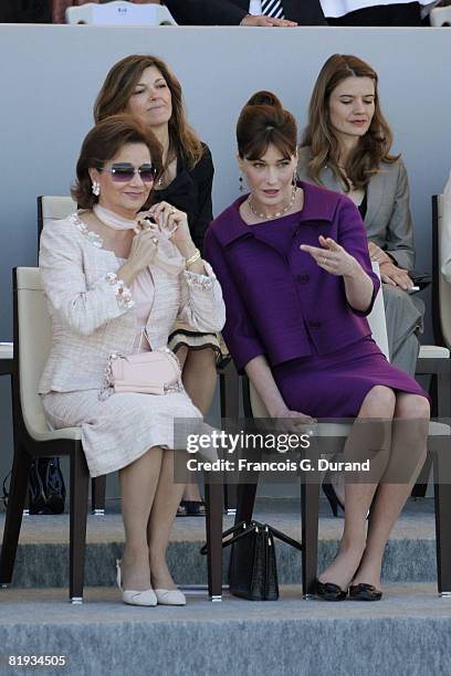 Egyptian President Hosni Mubarak's wife Suzanne Mubarak and French president Nicolas Sarkozy's wife Carla Bruni-Sarkozy attend the ceremony of the...