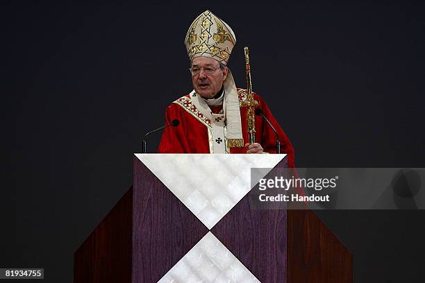 In this handout photo provided by World Youth Day, His Eminence Cardinal George Pell, Catholic Archbishop of Sydney delivers the homily at the...