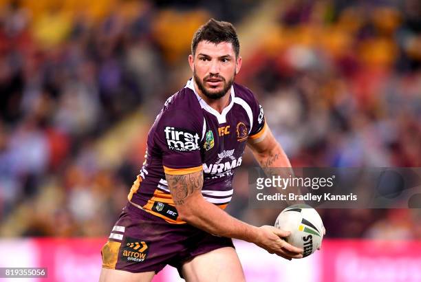 Matt Gillett of the Broncos looks to pass during the round 20 NRL match between the Brisbane Broncos and the Canterbury Bulldogs at Suncorp Stadium...