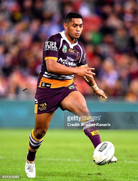 Anthony Milford of the Broncos kicks the ball during the round 20 NRL match between the Brisbane Broncos and the Canterbury Bulldogs at Suncorp...
