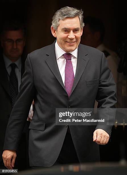 Prime Minister Gordon Brown leaves number 10 after a cabinet meeting on July 15, 2008 in London. The Government is expected to announce an action...