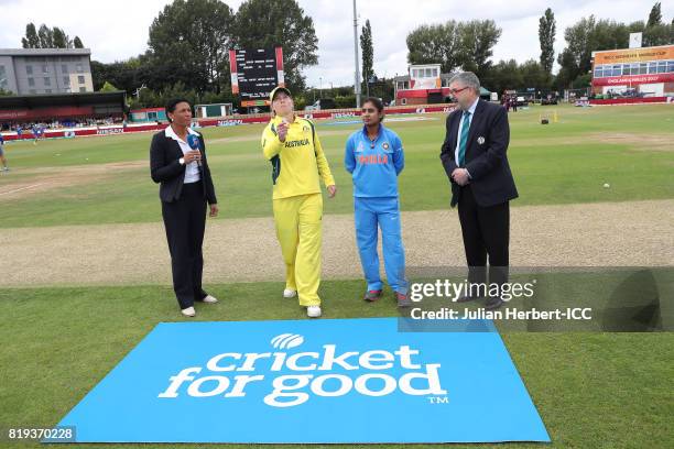 Overseen by Mel Jones and Match Referee David Dukes, Meg Lanning of Australia and Mithali Raj of India take part in the coin toss before The Womens...