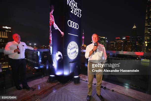 Karl-Heinz Rummenigge, CEO of FC Bayern Muenchen speeks next to Uli Hoeness, President of FC Bayern Muenchen at the Audi Night 2017 at Wanda Reign...