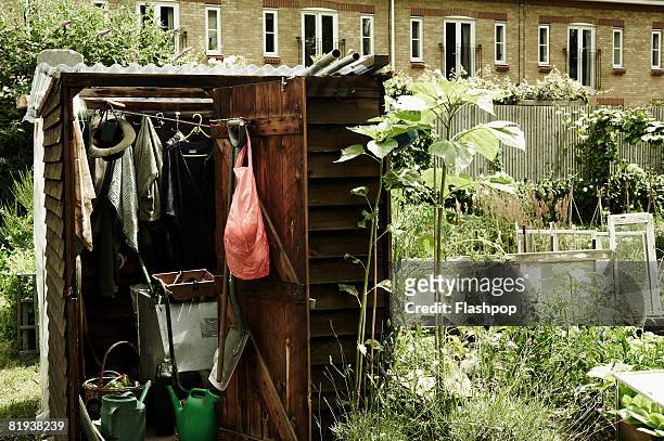 garden shed on an allotment - shed stockfoto's en -beelden