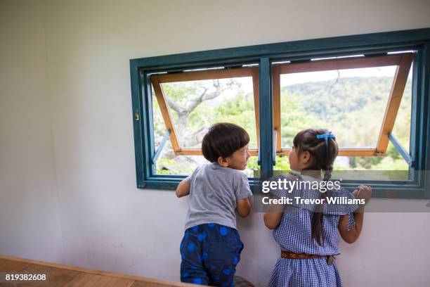 young boy ang girl look out the window of a tree house cafe - open day 7 stock pictures, royalty-free photos & images