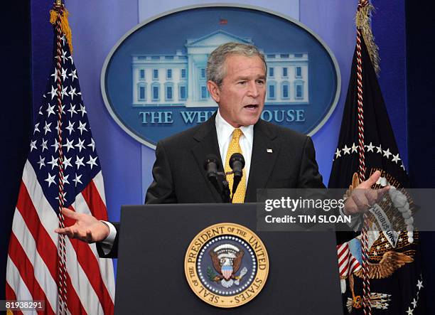 President George W. Bush holds a press conference on July 15, 2008 at the White House in Washington, DC. President Bush on Tuesday urged the US...