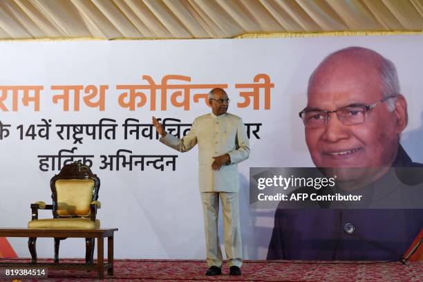 India's President elect Ram Nath Kovind gestures during a ceremony after his election, in New Delhi on July 20, 2017. Kovind was elected India's new...