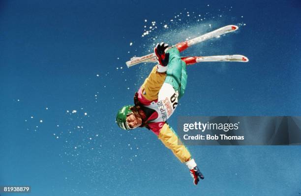 French skier Veronique Granier competes in a freestyle skiing event at Tignes, France in December 1987.