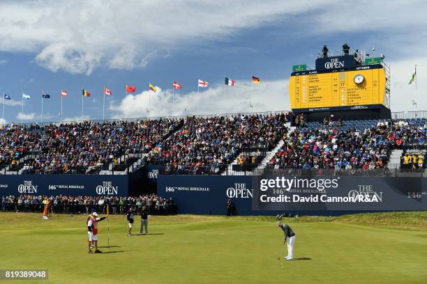 Jordan Spieth of the United States putts on the 18th green during the first round of the 146th Open Championship at Royal Birkdale on July 20, 2017...