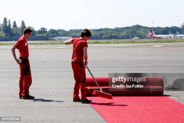 The red carpet for the arrival of Catherine Duchess of Cambridge, Prince William Duke of Cambridge, Princess Charlotte of Cambridge and Prince George...