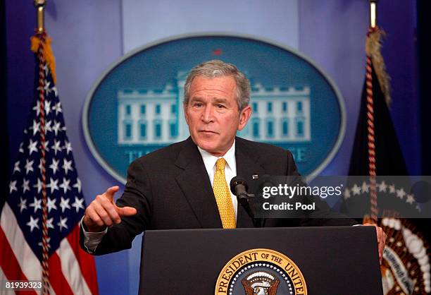 President George W. Bush holds a press conference in the Brady Press Briefing Room of the White House July 15, 2008 in Washington, DC. President Bush...