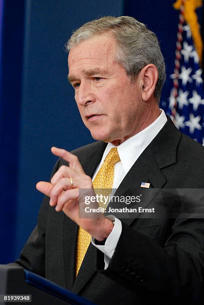 President George W. Bush addresses reporters during a press conference in the briefing room at the White House July 15, 2008 in Washington, DC. Bush...