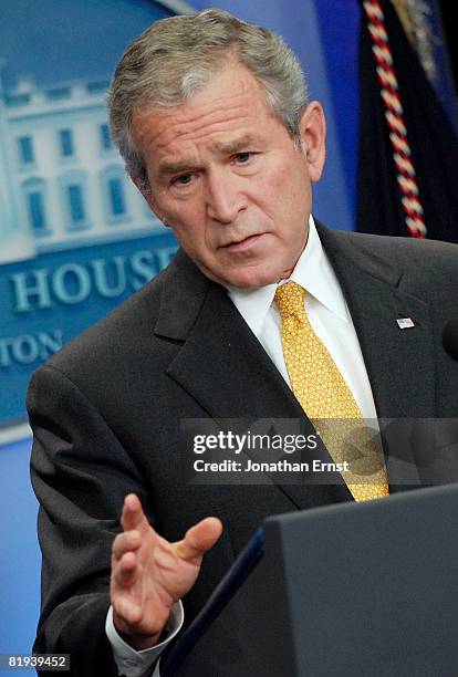 President George W. Bush addresses reporters during a press conference in the briefing room at the White House July 15, 2008 in Washington, DC. Bush...