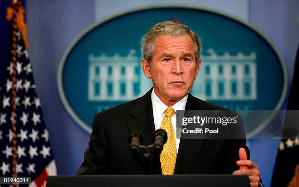 President George W. Bush holds a press conference in the Brady Press Briefing Room of the White House July 15, 2008 in Washington, DC. President Bush...