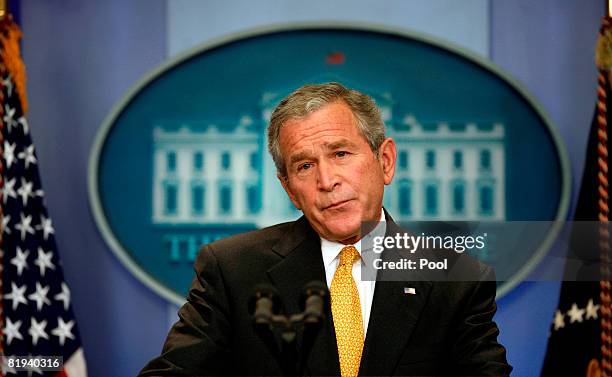 President George W. Bush holds a press conference in the Brady Press Briefing Room of the White House July 15, 2008 in Washington, DC. President Bush...