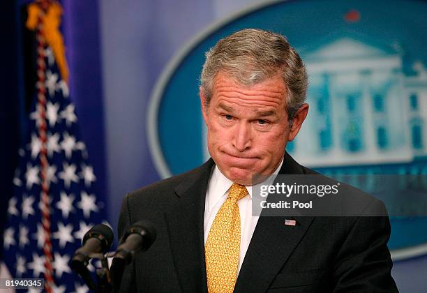 President George W. Bush holds a press conference in the Brady Press Briefing Room of the White House July 15, 2008 in Washington, DC. President Bush...