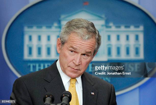 President George W. Bush addresses reporters during a press conference in the briefing room at the White House July 15, 2008 in Washington, DC. Bush...