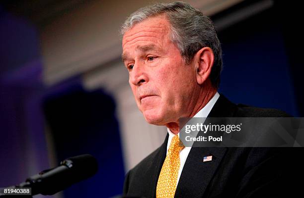 President George W. Bush holds a press conference in the Brady Press Briefing Room of the White House July 15, 2008 in Washington, DC. President Bush...