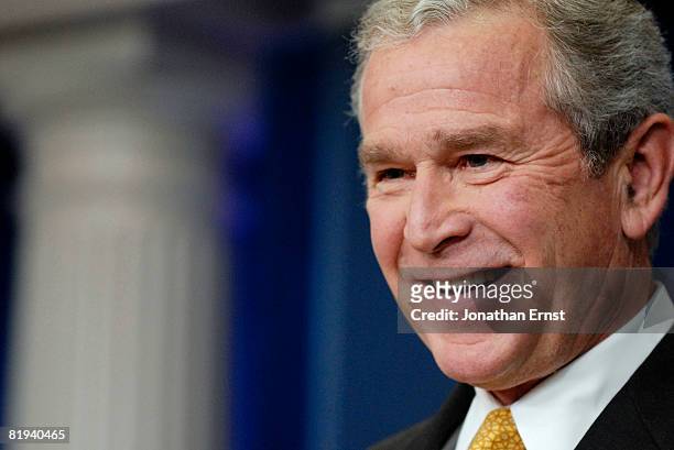 President George W. Bush addresses reporters during a press conference in the briefing room at the White House July 15, 2008 in Washington, DC. Bush...