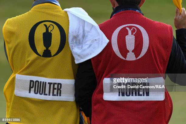 The caddie bibs of Ian Poulter of England and Alex Noren of Sweden during the first round of the 146th Open Championship at Royal Birkdale on July...