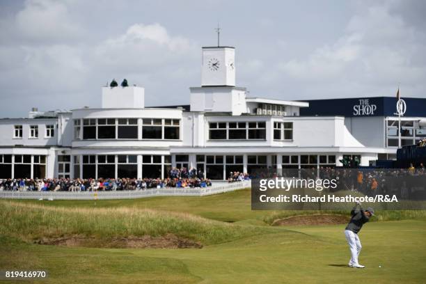 Jordan Spieth of the United States plays into the 18th green during the first round of the 146th Open Championship at Royal Birkdale on July 20, 2017...