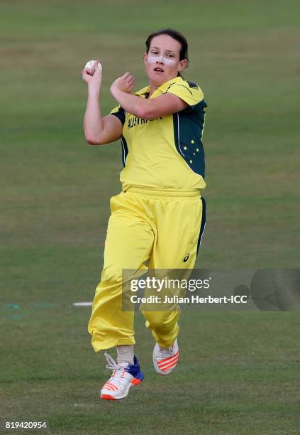 Megan Schutt of Australia bowls during The Womens World Cup 2017 Semi-Final between Australia and India at The County Ground on July 20, 2017 in...