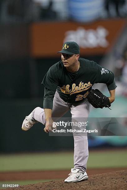 Keith Foulke of the Oakland Athletics pitches during the MLB game against the San Francisco Giants at AT&T Park in San Francisco, California on June...