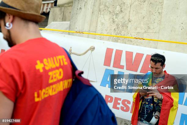 Workers of ILVA steelworks protest at the Ministry of Economic Development against the sale of steel producer Ilva to ArcelorMittal, on July 20, 2017...