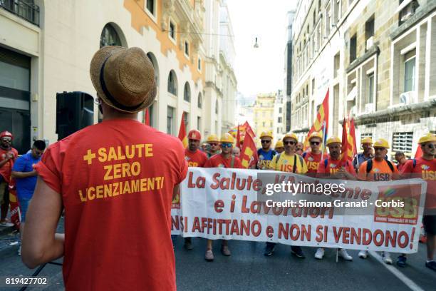 Workers of ILVA steelworks protest at the Ministry of Economic Development against the sale of steel producer Ilva to ArcelorMittal, on July 20, 2017...