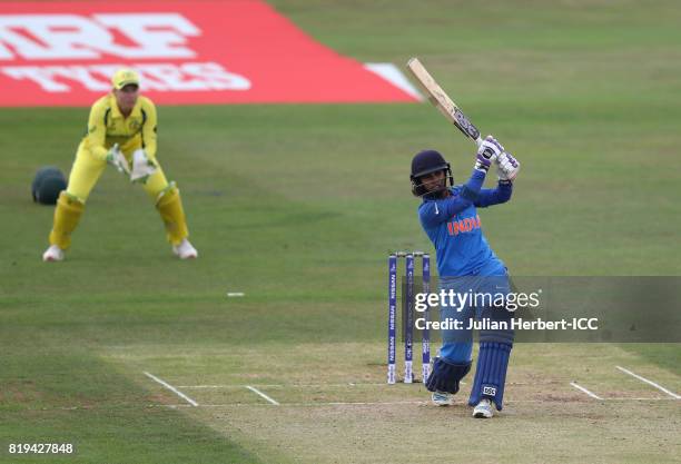 Mithali Raj of India scores runs during The Womens World Cup 2017 Semi-Final between Australia and India at The County Ground on July 20, 2017 in...