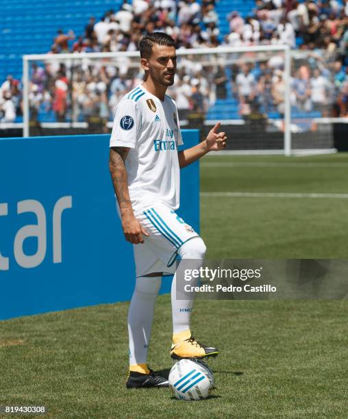 Dani Ceballos of Real Madrid poses during his official presentation at Estadio Santiago Bernabeu on July 20, 2017 in Madrid, Spain.