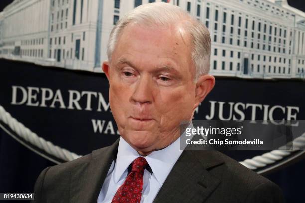 Attorney General Jeff Sessions holds a news conference to announce an 'international cybercrime enforcement action' at the Department of Justice July...