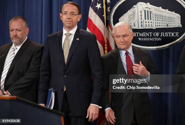 Attorney General Jeff Sessions , Deputy Attorney General Rod Rosenstein and other law enforcement officials hold a news conference to announce an...