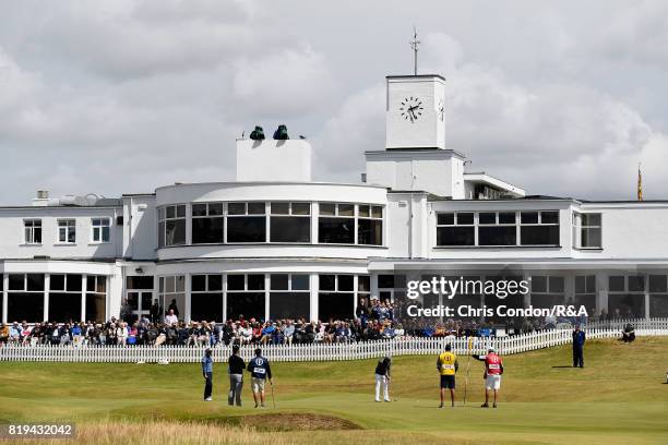 Jordan Spieth of the United States putts on the 18th green during the first round of the 146th Open Championship at Royal Birkdale on July 20, 2017...