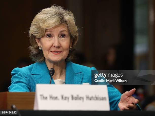 Former Sen. Kay Bailey Hutchison testifies during her confirmation hearing to be United States permanent representative on the Council of the North...